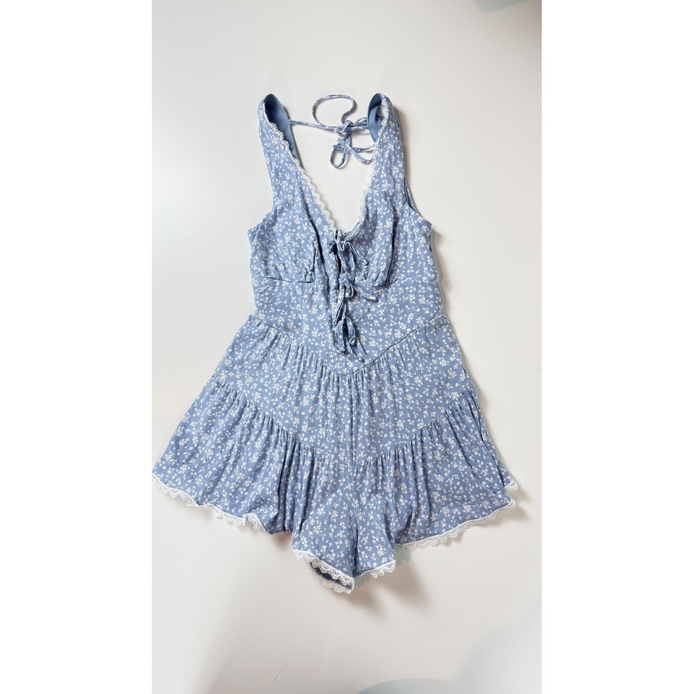 Francesca's Blue Floral Lace Trim Tiered Romper Small Sleeveless V-Neck Boho